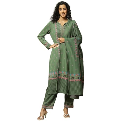 Rangriti Women Cotton Blend Straight Suit Set (WNTRWR18806AW23GRN_Green