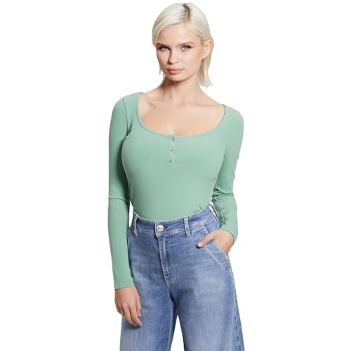 GUESS Vital Green Solid Scoop Neck Full Sleeve Karlee Jewel Top