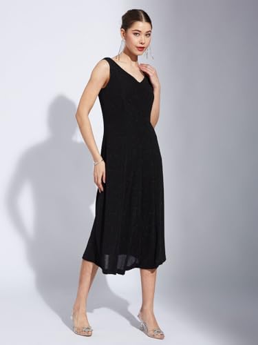 Latin Quarters Women Black V-Neck Sleeveless Solid A-Line Dress_2XL