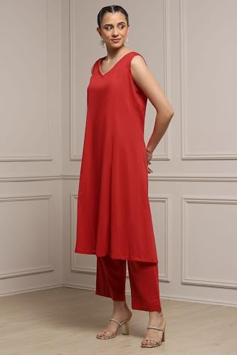 Biba Women Red Chanderi Embroidered Kalidar Suit Set_36