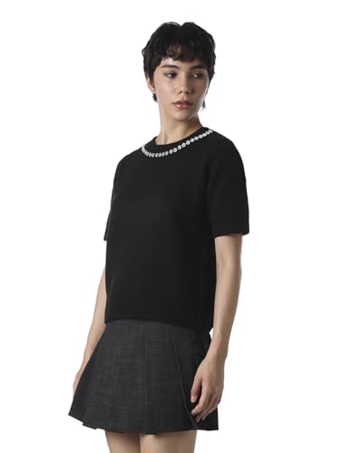 ONLY Women's Embellished Regular Fit Black Sweater