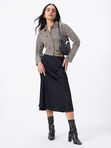 The Souled Store Cherry Berry: Women and Girls Full Sleeves Button-Down Collar Black and Beige Checkered Cotton Regular Fit Lightweight Embroidered Casual Shirt