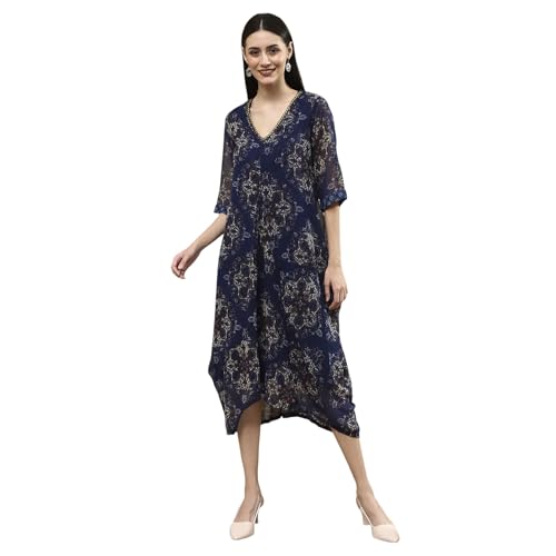Biba Women's Georgette A-Line Knee-Length Casual Dress (VINWIN30557AW25BLU_Blue