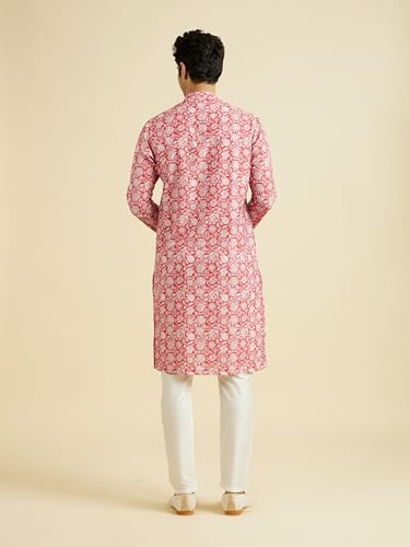 Manyavar Men's Cotton Blend Floral Print Kurta Pyjama Set (Red,XL)