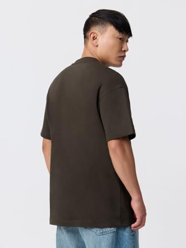 The Souled Store We Bare Bears: Cooligans Men and Boys Short Sleeves Round Neck Dark Olive Embroidered Cartoon Graphic Casual Lightweight Drop Shoulder Streetwear Trendy Cotton Oversized T-Shirt
