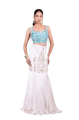 The Behruz Theory Designer Fish Tail Lehenga Set (Teal and Ivory, Medium)