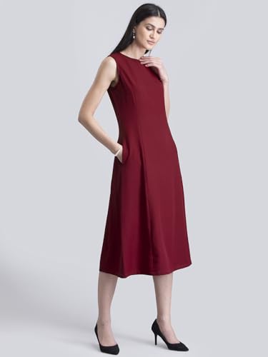 FableStreet Women's Polyester Stylised Neck A Line Midi Dress - Red
