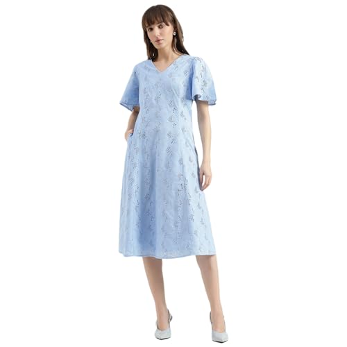 United Colors of Benetton Regular Fit V-Neck Schiffli Embroidered Dress (Size : S) - 26P4WVNDRS83I51B Blue