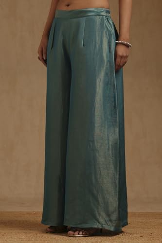 Soch Womens Teal Shimmer Zari Woven Suit Set With Stone Work
