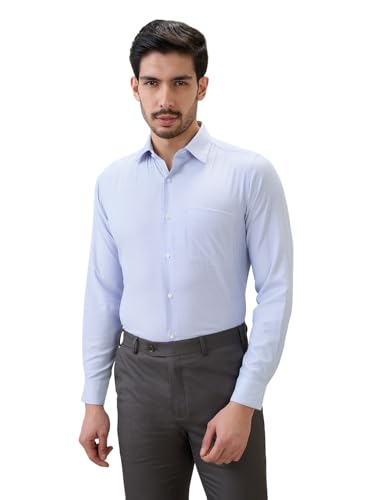 Raymond Men Contemporary Fit Structure Pattern Bamboo Polyester Blend Semi Cutaway Collar Full Sleeve Formal Shirt Blue