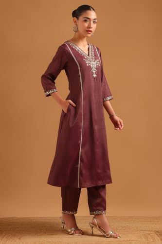 Soch Womens Wine Viscose Blend Embroidered Zari Embroidery Kurta Set