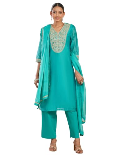 BIBA Dyed Cotton Silk Straight Festive Kurta With Palazzo And Dupatta