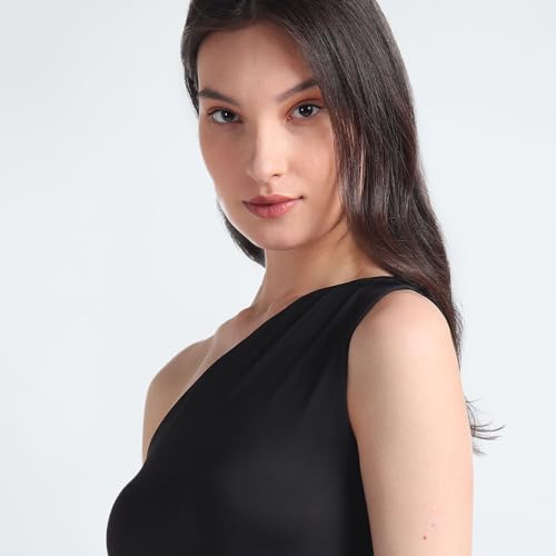 Tommy Hilfiger Polyester Black Solid Asymetric One Shoulder Women Bodycon One-Shoulder Dress (L)
