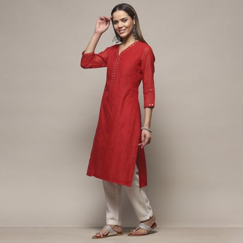 BIBA Women YARNDYED Straight Kurta Mix and Match(Summer Staples COLLECTION20282_RED_40)
