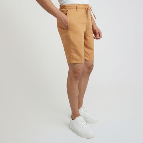 Raymond Men's Solid Pattern Slim Fit Pure Linen Flat Front Casual Shorts (Size: 40)-RCHE00139-Y6 Dark Yellow