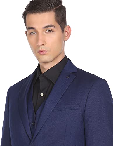 Men Navy Notch Lapel Collar Patterned Suit