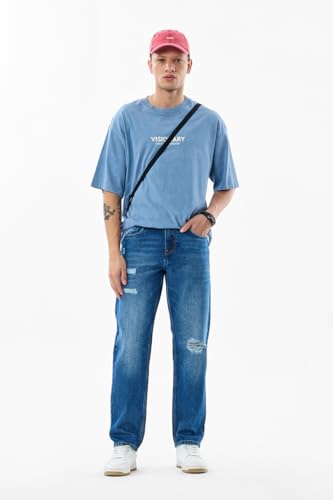 SNITCH Men Blue Casual Jeans | Relaxed Fit Heavy Distressed Design with Whiskered Effect | 100% Cotton Woven Fabric & Stone-Wash Finish for Street Wear