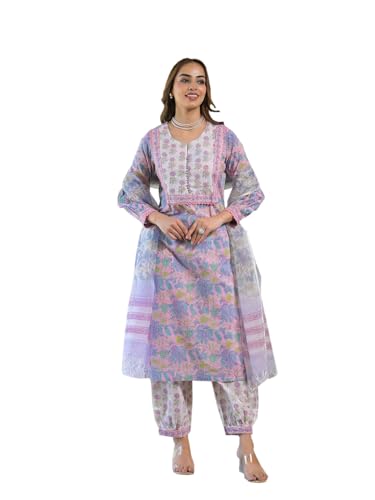 Divena Pink Cotton Block Print Straight Kurta Pant With Dupatta