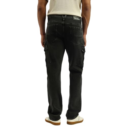 United Colors of Benetton Solid Comfort Fit Cargo Jeans (Size: 40)-25A4MBOO5029I901 Black