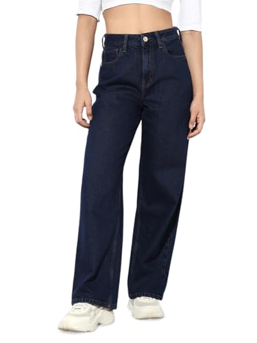ONLY Women's High Rise Wide Leg Jeans Dark Blue Denim