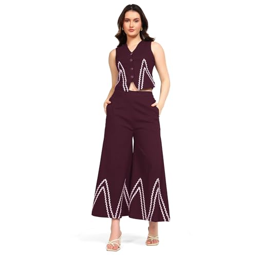 DEEBACO Women's Solid Lycra Ankle Length Waist Coat with Palazzo|V-Neck|Cord Set for Women Fashion|Long Jumpsuits Western Dress for Women Stylish|Two Piece Co ord Set|Casual Wear(DBCO00002278_L_Wine)