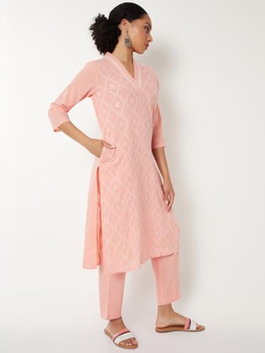 Max Women Embroidered Straight Kurta Set (Pink_L)