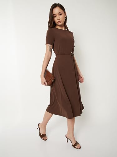Max Women Textured A-line Belted Dress (Brown_XL)