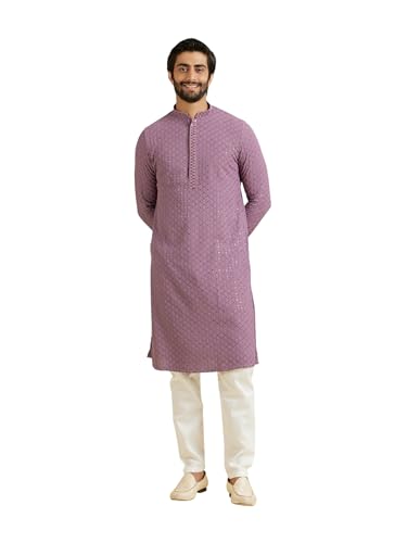 Manyavar Men's Viscose Chikankari Kurta Pyjama Set (Lilac,S)