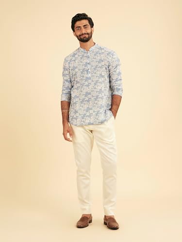 Manyavar Men's Cotton Printed Casual Short Kurta (Light Blue,XL)