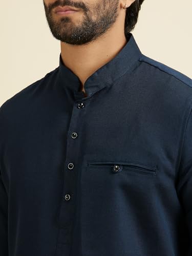 Manyavar Men's Cotton Bandhgala Collar Short Kurta(Dark Blue,M)