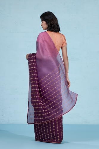 Taneira Women Violet Pure Silk Organza Embroidered Saree with Unstitched Blouse Piece (SPH08H00101-Violet)