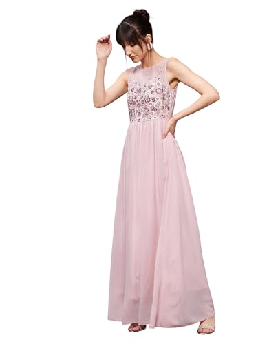 Miss Chase Women's Boat Neck Sleeveless Embellished GatheRegular Dress (MCAW25D88-99-RSF-04, Rhubarb Pink, M)