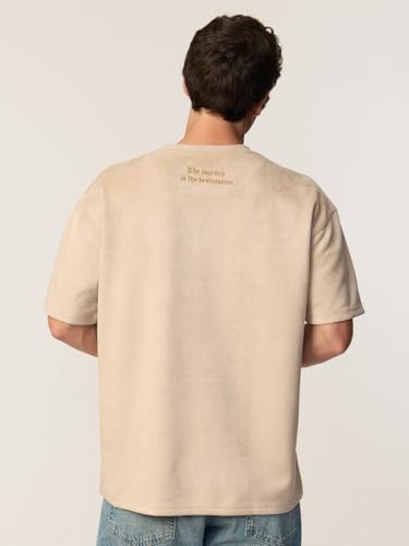 The Souled Store Compass Men and Boys Short Sleeves Round Neck Beige Embroidered Casual Lightweight Drop Shoulder Streetwear Trendy Oversized T-Shirts