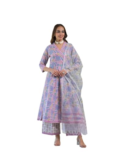 Divena Pink Cotton Block Print Angarakha Kurta Pant with Dupatta