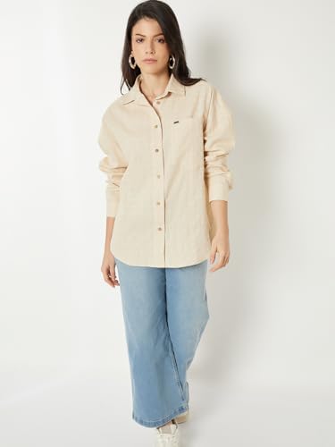 Max Women Oversized Checked Shirt(Beige_M)