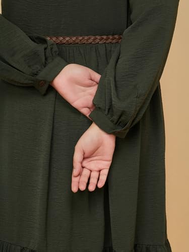 Max Women Textured A-line Tiered Shirt Dress with Belt (Green_3XL)