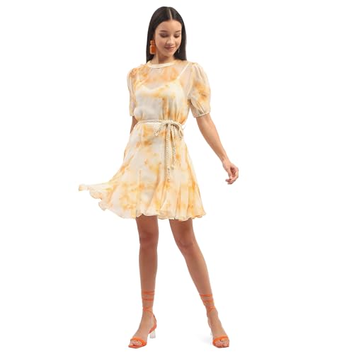 Madame Tie Dye Belted Orange Rayon Blend Mini Dress