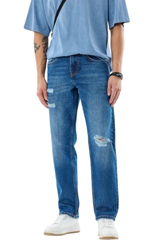 SNITCH Men Blue Casual Jeans | Relaxed Fit Heavy Distressed Design with Whiskered Effect | 100% Cotton Woven Fabric & Stone-Wash Finish for Street Wear