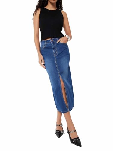 Max Women Washed Denim High Rise Skirt (Blue_28)