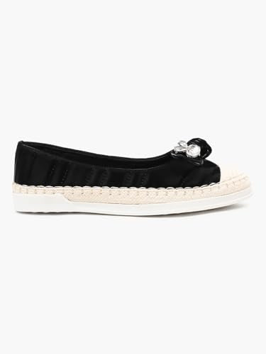 KLAUR MELBOURNE Women’s Quilted Espadrille Slip-Ons – Casual Ballet Flat Sneakers with Crystal Bow Accent and Woven Toe Cap Black