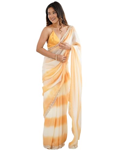 AKHILAM Women's Yellow Shimmer Satin Tie and Dye Printed Saree With Unstitched Blouse Piece (AARYAN20406_KR)
