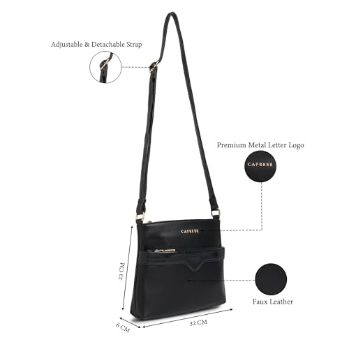 Caprese Viva Medium Sling Bag for Women with Adjustable Strap & Zipper Closure for Comfortable Wear | Versatile Handbag for Everyday Use, Travel, and Special Occasions (Black)