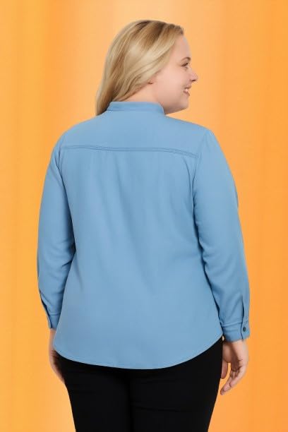 Wingzss Plus Size Light Blue Button-Down Crop Top, Women's Casual Short Sleeve Blouse, Office Wear (in, Alpha, 3XL)