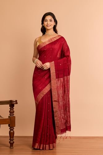 Taneira Women Dark Red Woven Pure Silk Vanya Bengal Saree With Unstitched Blouse Piece (SAPH01AC6405-Dark Red)