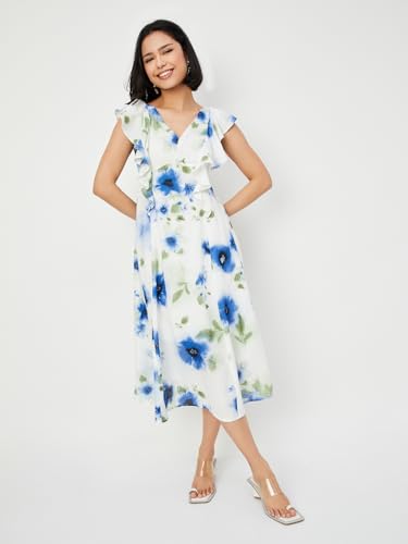 Max Women Floral Print A-line Midi Dress(White_M)