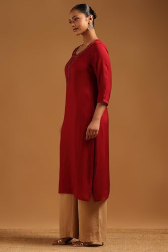 Soch Womens Maroon Muslin Embroidered Kurta with Machine Embroidery and Bead Details