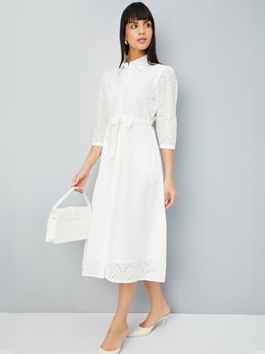 Max Women's Pure Cotton A-Line Midi Dress (DTI3701B_Ivory