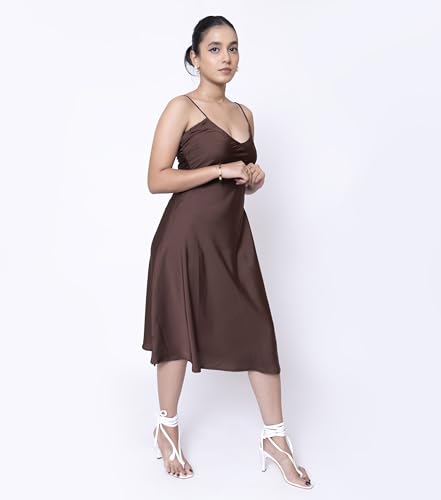 Sheux Elegant Satin Midi Dress with Shoulder Straps – Timeless Style Meets Effortless Glamour (S) Dresses for Women & Girls Brown