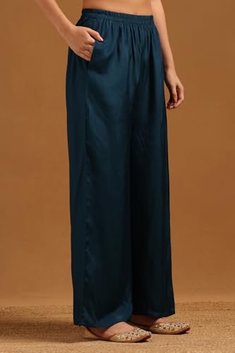 Soch Womens Teal Blue Roman Silk Floral Suit Set With Hand Embroidery and Bead Details