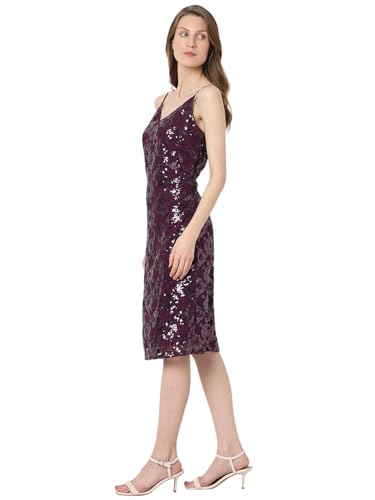 VERO MODA Women Embellished Maroon Polyester Knee Length Shift Dress